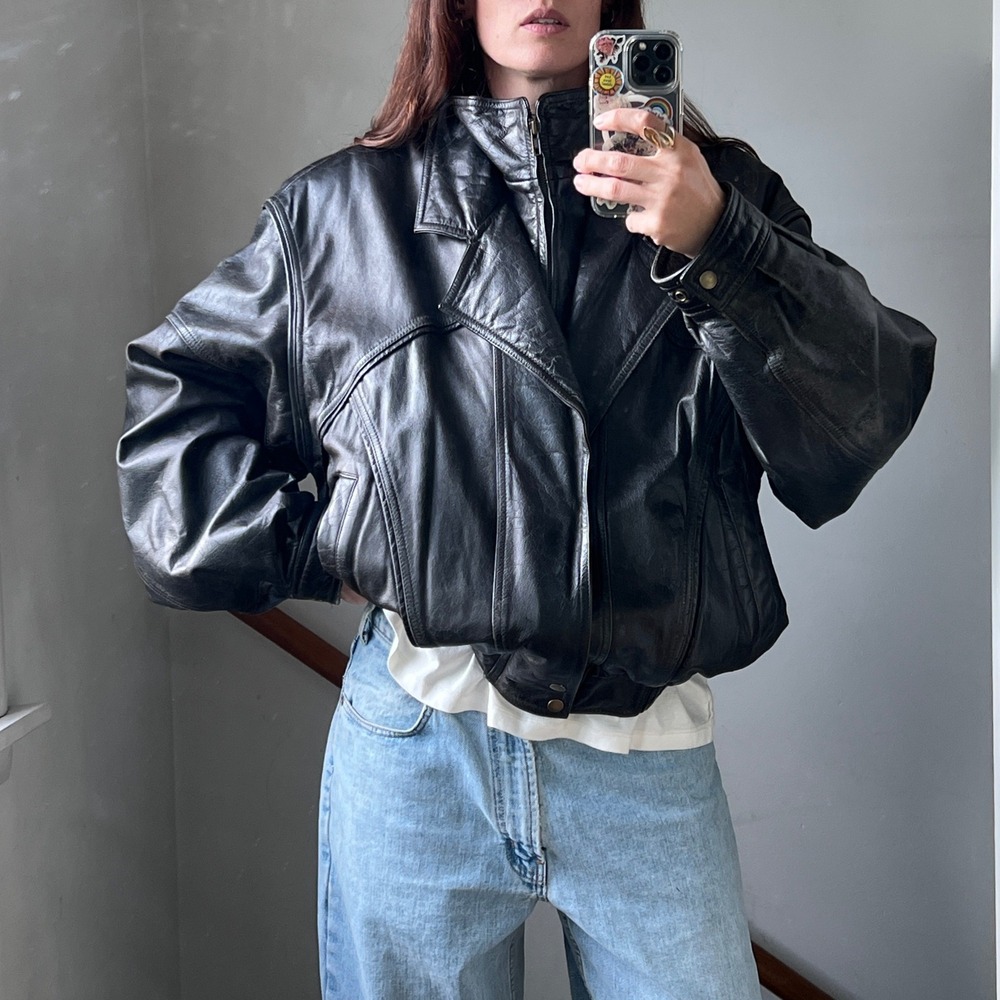 Vintage Funnel Neck Leather Bomber Jacket Black High Stand Collar Oversized 90s